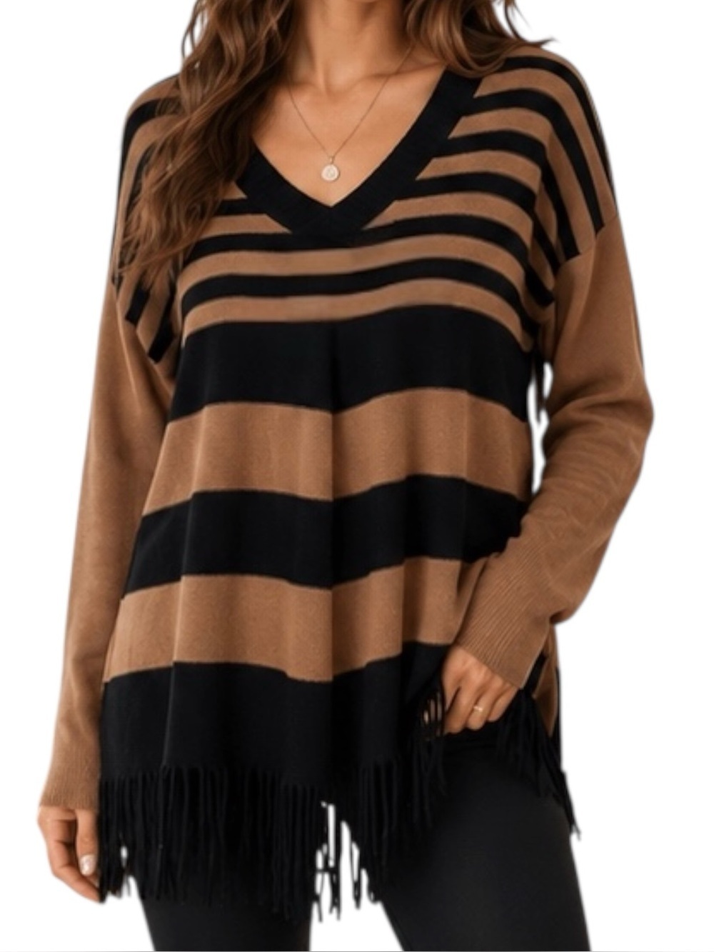 Jamison Fringe Hem Stripe Angora Cashmere Sweater Tan Black Size S